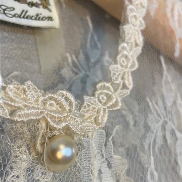 Vintage Elena Collection Ivory Lace Dress – Pearl Button Sheer Overlay Over Slip - Picture 5 of 16